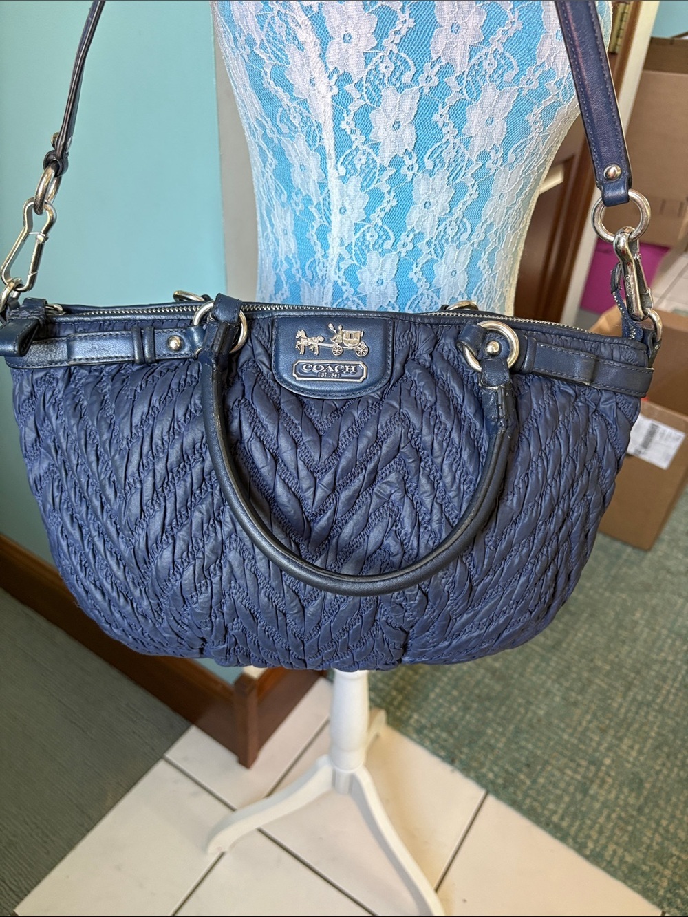 Coach Quilted nylon Navy Shoulder bag Satchel  Madison 18637 Silvertone hardware